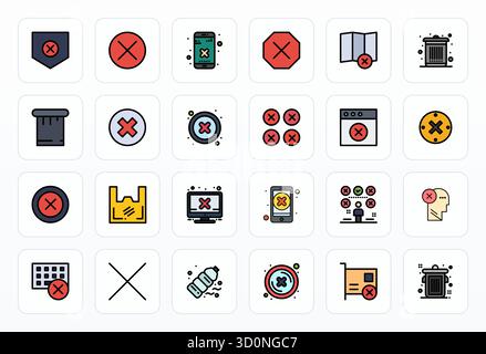 Scopri un set di 24 icone vettoriali Filled Line realizzate per il tema rifiuti, con design perfetti da 128x128 PIXEL, ideali per i moderni progetti UI/UX. Illustrazione Vettoriale