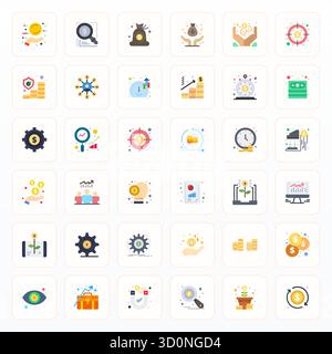 Collezione premium di 36 icone vettoriali piatte per la massima redditività, meticolosamente realizzate con risoluzione allineata 128x128 pixel per un impatto visivo superiore. Illustrazione Vettoriale