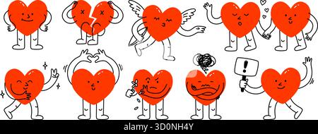 Personaggio del cuore di Doodle. I cuori dei cartoni animati con il viso, le simpatiche valentine adorano i simboli con il cuore spezzato e il cuore con le ali, il doodle disegnato a mano Illustrazione Vettoriale