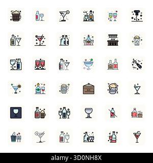 Un set dinamico di 36 icone vettoriali in LineFilled, personalizzato per Liquor con qualità allineata a 128x128 pixel, adatto per i prodotti digitali. Illustrazione Vettoriale