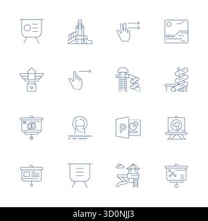 16 icone vettoriali create in modo magistrale che rappresentano il design Slide in Thin Line, con risoluzione 64 x 64 modificabile per una qualità visiva eccezionale. Illustrazione Vettoriale