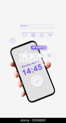 Composizione grafica. Smartphone con interfaccia viola che visualizza l'orologio digitale e le icone del comando vocale Foto Stock