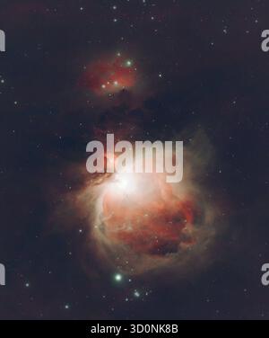 Wimbledon, Londra, Regno Unito. 24 ottobre 2025. Associata all'inverno, la costellazione di Orione è ora visibile nel cielo delle prime ore del mattino. Questa fotografia è stata scattata in un cielo molto limpido sopra Londra tra l'1 e le 4 del mattino, il risultato di un'esposizione di 3 ore attraverso un telescopio della nebulosa diffusa M42 situato sotto la cintura di Orion e a 1.500 anni luce dalla Terra. Crediti: Malcolm Park/Alamy Live News Foto Stock