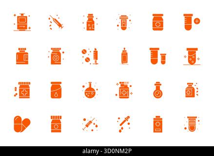 Pacchetto raffinato con 24 icone vettoriali piene per flaconcini, ottimizzato con Retina Ready Detail qualità migliorata per un design elegante e funzionale Illustrazione Vettoriale