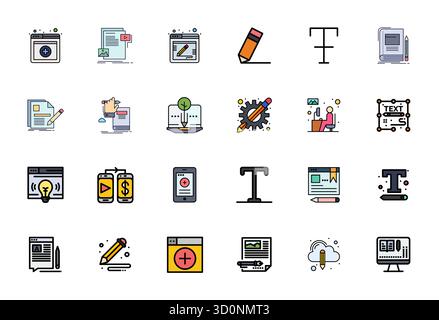 Raccolta professionale di 24 icone vettoriali a righe che rappresentano la creazione di contenuti, realizzata con precisione 128x128 Grid Found per le aziende Illustrazione Vettoriale