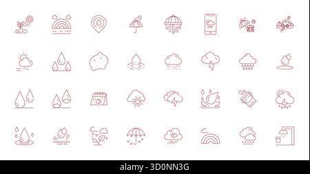 Un set dinamico di 32 icone vettoriali in linea sottile, personalizzato per la pioggia con qualità Grid Fitting ad alta risoluzione, adatto per i prodotti digitali. Illustrazione Vettoriale