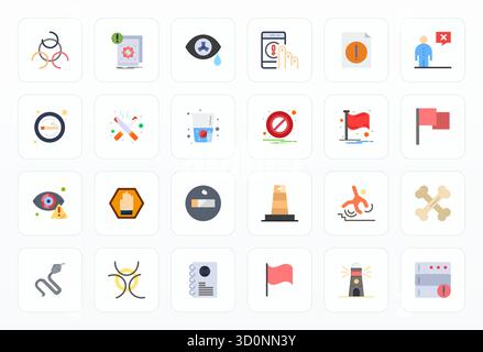 Un set dinamico di 24 icone vettoriali in piano, personalizzato per il cartello di avvertimento con qualità ottimizzata 256x256 pixel, adatto per i prodotti digitali. Illustrazione Vettoriale