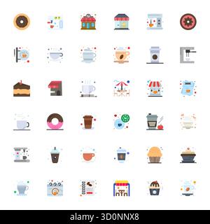 Collezione premium di 36 icone vettoriali piatte per Coffee Shop, meticolosamente realizzate con risoluzione ottimizzata Retina Ready Pixel per un impatto visivo superiore Illustrazione Vettoriale