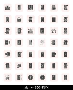 Sblocca 42 icone vettoriali modificabili piene ispirate allo smartphone, ottimizzate in formato Retina Ready per una visualizzazione impeccabile su tutti i dispositivi. Illustrazione Vettoriale