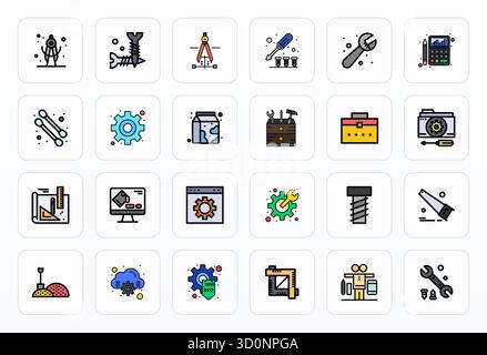 Rivoluzionario set di icone vettoriali allineate a 24 pixel ispirate agli strumenti, creato in formato linea riempita con risoluzione 128x128 per un design all'avanguardia. Illustrazione Vettoriale