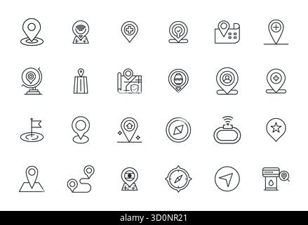 Set semplificato di 24 icone vettoriali per GPS in grassetto, con dettagli 64 x 64 risoluzione migliorata per un'esperienza utente senza interruzioni. Illustrazione Vettoriale