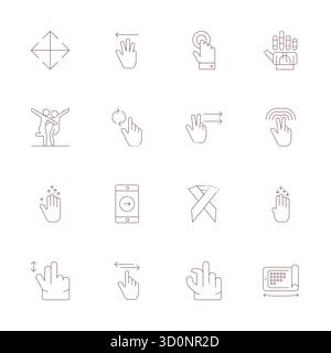 Collezione realizzata a mano con 16 icone vettoriali Thin Line per i gesti, ottimizzata con la risoluzione Retina Ready Editable per esperienze digitali di livello superiore. Illustrazione Vettoriale