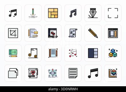 Questo set di 24 icone vettoriali linea riempita cattura i temi di composizione in qualità Retina Ready Editable, perfetta per applicazioni tecnologiche e aziendali. Illustrazione Vettoriale
