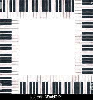 Tasti per pianoforte ad acquerello bordo quadrato su sfondo isolato. Elegante cornice per tastiera in bianco e nero con spazio di copia per il testo. Illustrazione musicale Foto Stock