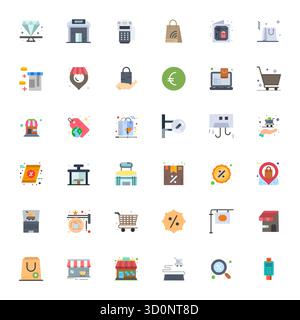 Collezione esclusiva di 36 icone vettoriali piatte per retailer, sviluppata con risoluzione perfetta da 128 x 128 PIXEL per esperienze di marca di livello premium. Illustrazione Vettoriale