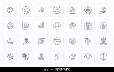 Pacchetto strategico con 28 icone vettoriali che rappresentano la globalizzazione in formato Thin Line, ottimizzato con dettagli 128x128 qualità migliorata per i professionisti Illustrazione Vettoriale