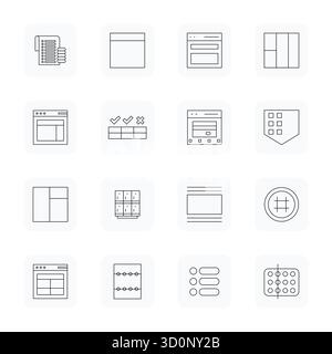 Esplora 16 icone vettoriali con griglia a profilo sottile in risoluzione 64 x 64 ispirate a Row. Perfetto per interfacce Web e app. Illustrazione Vettoriale