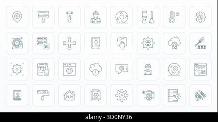 Icone vettoriali 32 Thin Line Grid adattate per la manutenzione, create ad alta risoluzione per una straordinaria uniformità visiva Illustrazione Vettoriale
