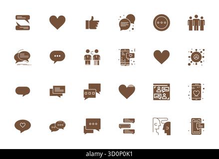 Pacchetto strategico con 24 icone vettoriali che rappresentano l'interazione sociale in formato pieno, ottimizzato con qualità allineata a 256x256 pixel per i professionisti Illustrazione Vettoriale