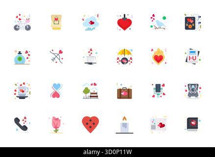 Un set versatile di 24 icone vettoriali con dettagli piatti ottimizzati incentrate sul romanticismo, in un formato 64 x 64 nitido, ideale per applicazioni mobili e Web. Illustrazione Vettoriale