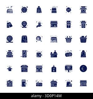 Raccolta ad alte prestazioni di 36 icone vettoriali piene per retailer, progettata con risoluzione Retina Ready Editable per un design ottimale dell'interfaccia utente Illustrazione Vettoriale