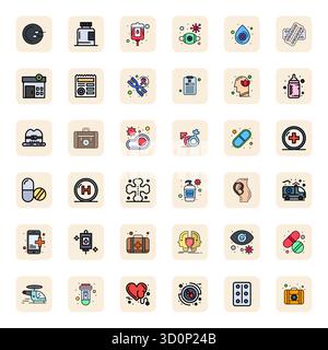 Rivoluzionario set di 36 icone vettoriali con montaggio a griglia ispirate al settore sanitario, create in formato LineFilled con risoluzione 64 x 64 per un design all'avanguardia. Illustrazione Vettoriale