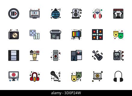 Scopri una serie di icone vettoriali a 24 righe create per il tema dell'intrattenimento, con display 256x256, design perfetti per UI/UX moderni Illustrazione Vettoriale