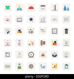 Collezione realizzata a mano con 36 icone vettoriali piatte per il livello, ottimizzata con risoluzione 128x128 con griglia montata per esperienze digitali di qualità superiore. Illustrazione Vettoriale