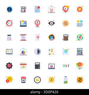 Raccolta ad alte prestazioni di 36 icone vettoriali piatte per percentuale, progettata con risoluzione ottimizzata 128x128 pixel per un'interfaccia utente ottimale desi Illustrazione Vettoriale