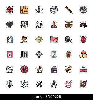 Set semplificato di 36 icone vettoriali per l'estetica artistica in linea piatta, con risoluzione modificabile Retina Ready per un'esperienza utente senza problemi Illustrazione Vettoriale