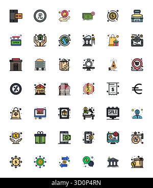 Confezione curata di 42 icone vettoriali 256x256 con design a linea piatta, incentrata sui concetti commerciali con Grid Fitting Clarity. Illustrazione Vettoriale