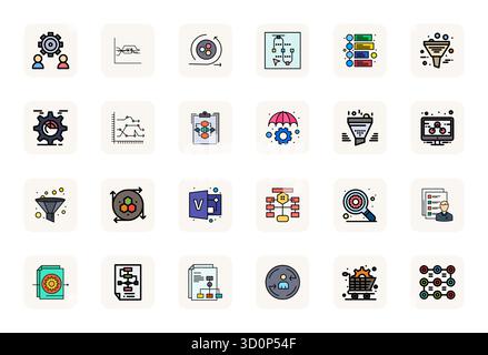 24 icone vettoriali perfettamente bilanciate per processi aziendali, con dimensioni 64x64 per un'integrazione armoniosa nei progetti di progettazione digitale. Illustrazione Vettoriale
