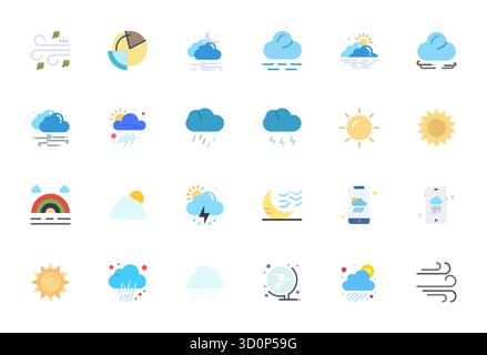 Collezione esclusiva di 24 icone vettoriali piatte per Forecast, sviluppate con dettagli ad alta risoluzione risoluzione risoluzione ottimizzata per esperienze di marca di livello superiore. Illustrazione Vettoriale