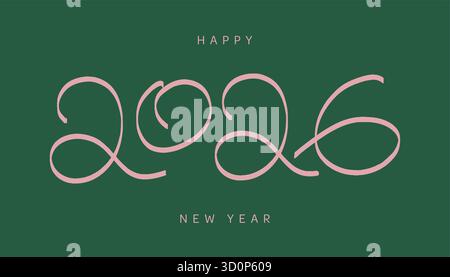 Scritta disegnata a mano 2026 biglietto d'auguri natalizio con scritta in pastello, scritta in stile pastello 2026 in pastello per Capodanno e natale. Verde bg. Illustrazione Vettoriale