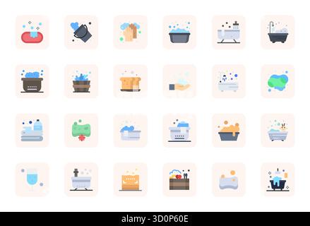 Un set versatile di 24 icone vettoriali con dettagli piatti, focalizzate sulle bolle, fornite in un formato nitido ad alta risoluzione, ideale per applicazioni mobili e Web Illustrazione Vettoriale