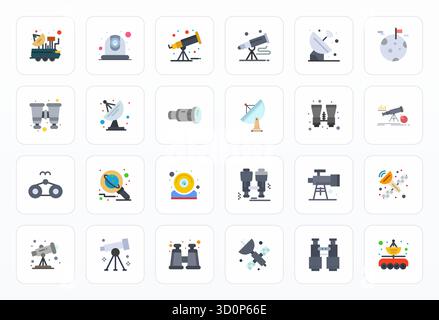 Collezione ad alte prestazioni di 24 icone vettoriali piatte per telescopio, progettata con Retina Ready Detail risoluzione migliorata per un'interfaccia utente ottimale Illustrazione Vettoriale