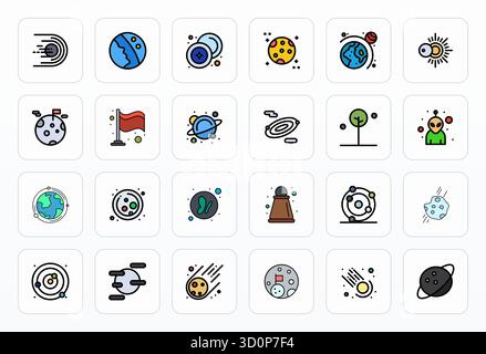 Rivoluzionario set di icone vettoriali allineate a 24 pixel ispirate al sistema solare, creato in formato linea riempita con risoluzione ad alta risoluzione per il taglio-e. Illustrazione Vettoriale