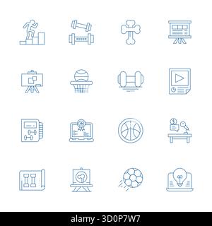 Collezione contemporanea di 16 icone vettoriali che rappresentano la formazione nell'estetica della linea sottile, con risoluzione ottimizzata 128x128 pixel per applicazioni moderne Illustrazione Vettoriale