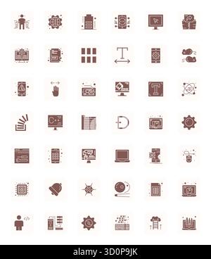 Sofisticato pacchetto di 42 icone vettoriali piene per software, progettato con Retina Ready Grid Fitting Clarity per applicazioni professionali. Illustrazione Vettoriale