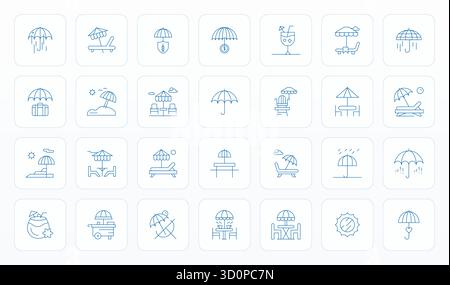Un set versatile di 28 icone vettoriali perfette con display a linea sottile, focalizzate sull'ombrello, in un formato nitido ad alta risoluzione, ideale per dispositivi mobili e Web A. Illustrazione Vettoriale