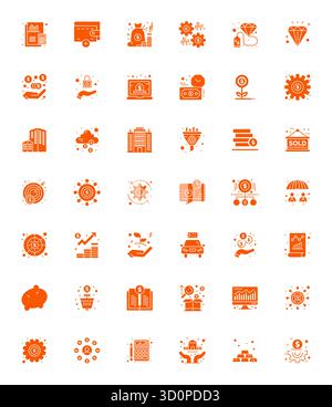 Un set dinamico di 42 icone vettoriali in pieno, personalizzato per gli investimenti con qualità allineata a 128x128 pixel, ideale per i prodotti digitali. Illustrazione Vettoriale