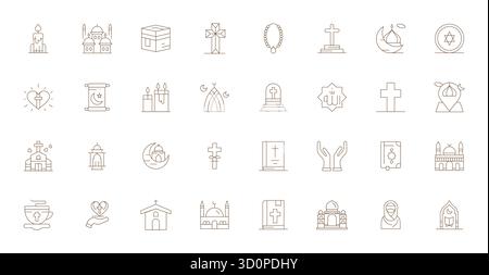 Raccolta di 32 icone vettoriali perfette per PIXEL Thin Line per la religione, progettate in formato 128x128 per chiarezza e versatilità. Illustrazione Vettoriale