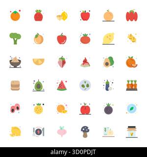 Set semplificato di 36 icone vettoriali per alimenti sani in un'estetica piatta, con risoluzione perfetta da 128 x 128 PIXEL per un'esperienza utente senza interruzioni. Illustrazione Vettoriale