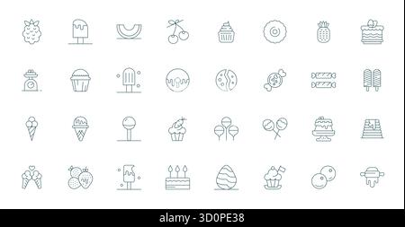 Kit di strumenti completo di 32 icone vettoriali a tema dessert, sviluppato in linea sottile con precisione di montaggio a griglia 128x128 per applicazioni di design versatili Illustrazione Vettoriale