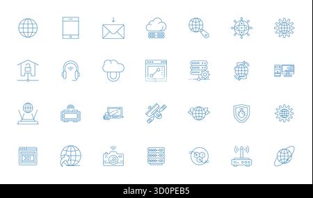 Un set versatile di 28 icone vettoriali allineate ai pixel sottili focalizzate su Internet, in un formato 64 x 64 nitido, ideale per applicazioni mobili e Web. Illustrazione Vettoriale
