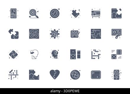Scopri un set di 24 icone vettoriali piene create per il tema Puzzle, con display 64 x 64 design perfetti, ideali per i moderni progetti UI/UX. Illustrazione Vettoriale