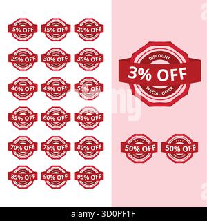 Set di adesivi promozionali rossi con sconti percentuali dal 3% al 95%, badge di offerta moderna per l'uso di design retail, marketing ed e-commerce Illustrazione Vettoriale