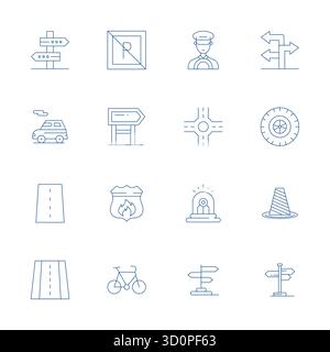 Collezione di 16 icone vettoriali per la circolazione su strada con griglia sottile, progettate in formato 128x128 per chiarezza e versatilità. Illustrazione Vettoriale