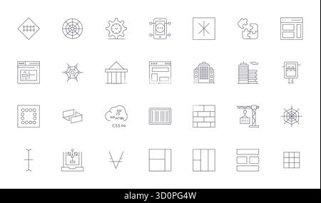 28 icone vettoriali progettate in modo professionale in linea sottile, che catturano l'essenza di Framework con precisione modificabile 128x128 per la progettazione dell'interfaccia utente. Illustrazione Vettoriale