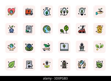 Raccolta ad alte prestazioni di 24 icone vettoriali LineFilled per Eco, progettata con risoluzione Retina Ready Grid per un'interfaccia utente ottimale desi Illustrazione Vettoriale